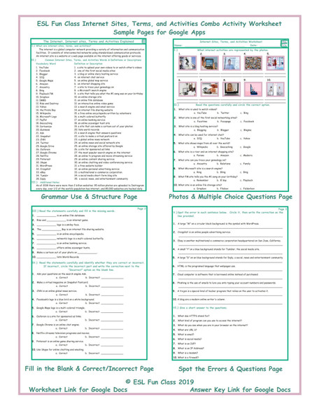 Internet Sites, Terms, and Activities Interactive Worksheets for Google Apps LINKS