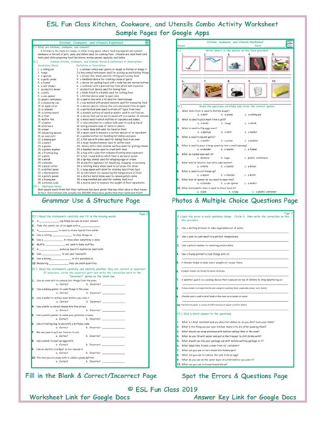 Kitchen, Cookware, and Utensils Interactive Worksheets for Google Apps LINKS