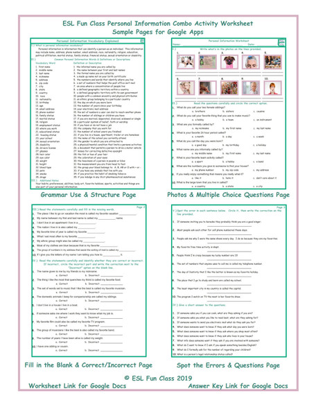 Personal Information Interactive Worksheets for Google Apps LINKS