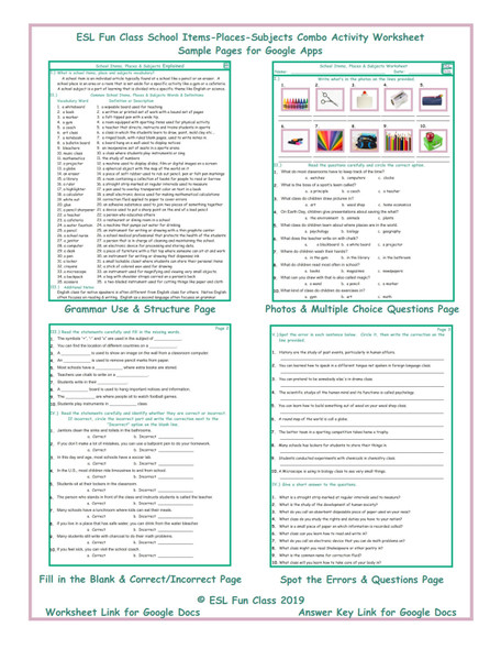 School Items-Places-Subjects Interactive Worksheets for Google Apps LINKS