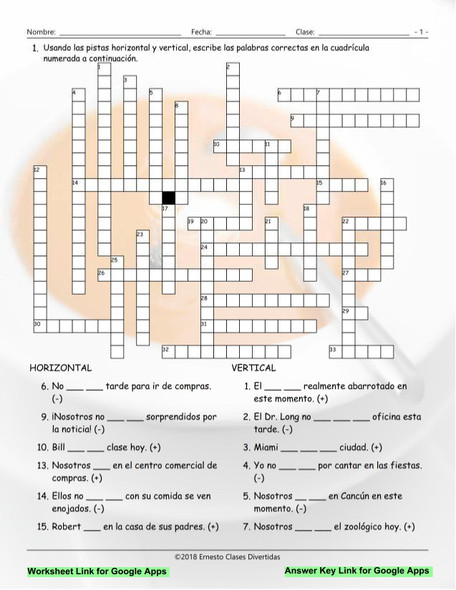 Present Simple with Verbs Estar and Ser Interactive Spanish Crossword-Google Apps