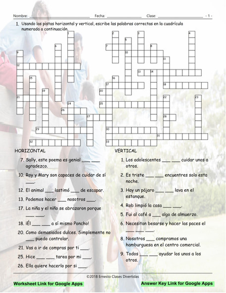 Reflexive and Reciprocal Pronouns Interactive Spanish Crossword-Google Apps