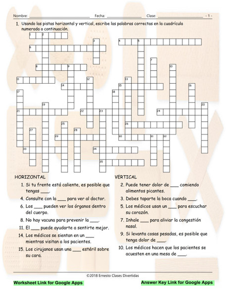 Doctor's, Illnesses and Injuries Interactive Spanish Crossword-Google Apps