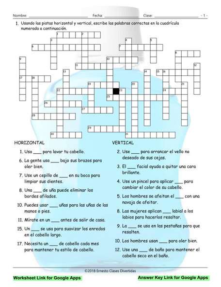 Health and Personal Hygiene Interactive Spanish Crossword-Google Apps