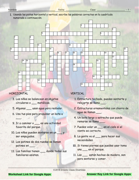 Park Things and Activities Interactive Spanish Crossword-Google Apps