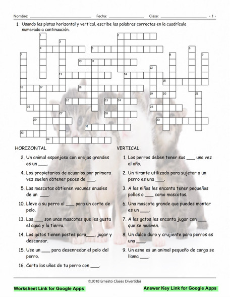 Pets and Pet Care Interactive Spanish Crossword-Google Apps