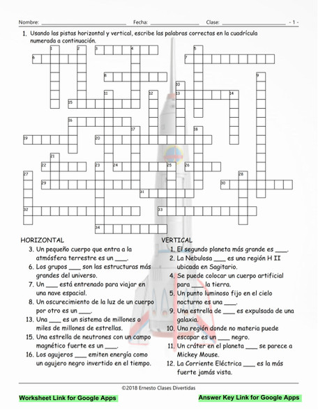 Space and Astronomy Interactive Spanish Crossword-Google Apps