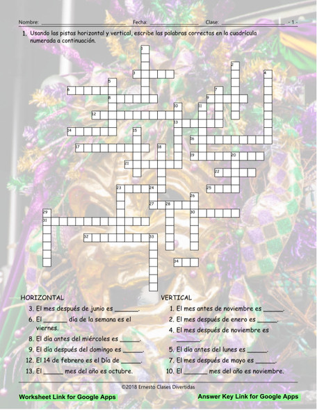 Weekdays-Months-Dates Interactive Spanish Crossword-Google Apps