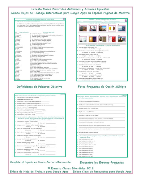 Antonyms and Opposites Interactive Spanish Combo Worksheet-Google Apps