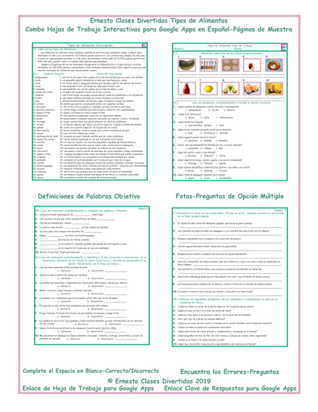 Food Items Interactive Spanish Combo Worksheet-Google Apps
