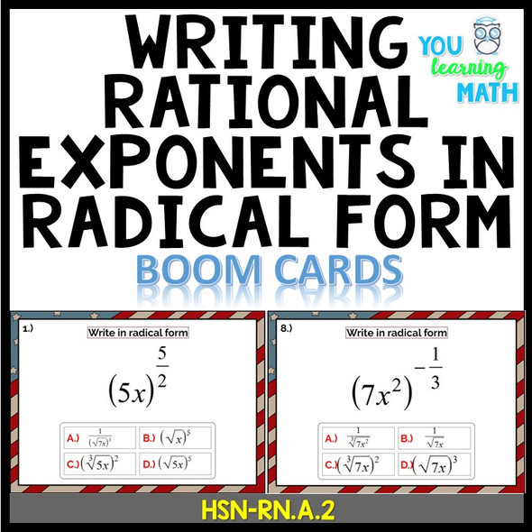 Writing Rational Exponents in Radical Form: Digital BOOM Cards - 20 Problems