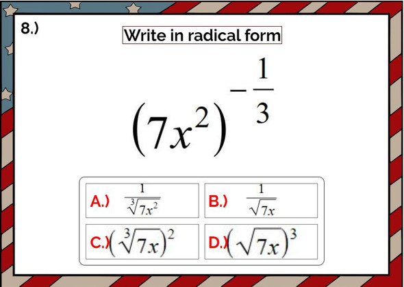 Writing Rational Exponents in Radical Form: Digital BOOM Cards - 20 Problems