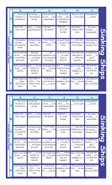 Linking Words and Connectors Legal Size Text Sinking Ships Game