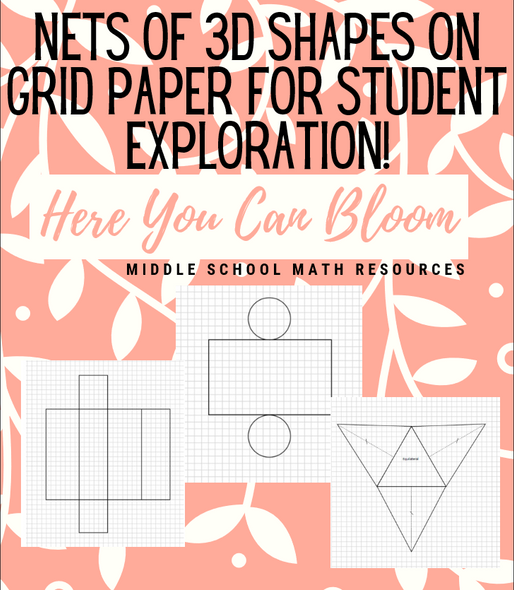 Nets of 3D shapes on grid paper for student exploration.