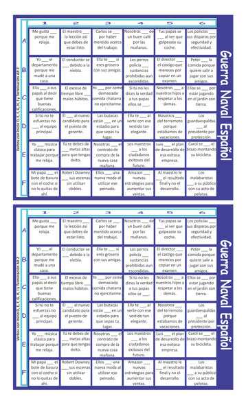 Verbs Start D, E, F, G, I End AR 2 Spanish Legal Size Text Guerra Naval Board Game