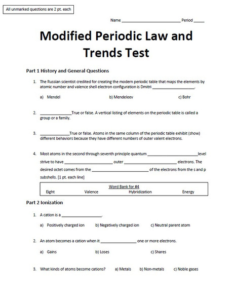 Modified Periodic Laws and Trends Test for Chemistry