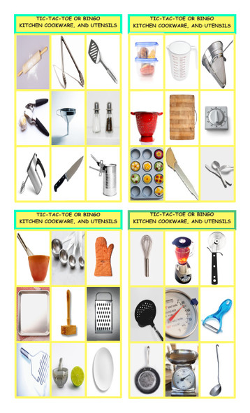 Kitchen Cookware and Utensils Legal Size Photo Tic-Tac-Toe or Bingo Card Game