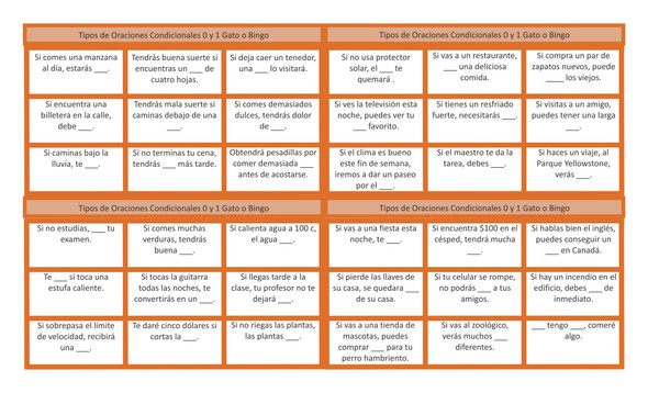 Conditional Sentences Types 0 & 1 Spanish Legal Size Text Tic-Tac-Toe or Bingo Game