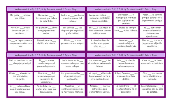 Verbs Start D, E, F, G, I End AR 2 Spanish Legal Size Text Tic-Tac-Toe or Bingo Game