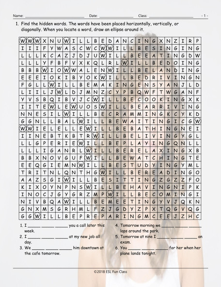 Future Continuous Tense Word Search Worksheet