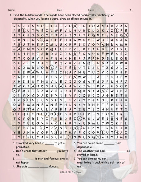 Linking Words-Connectors Word Search Worksheet