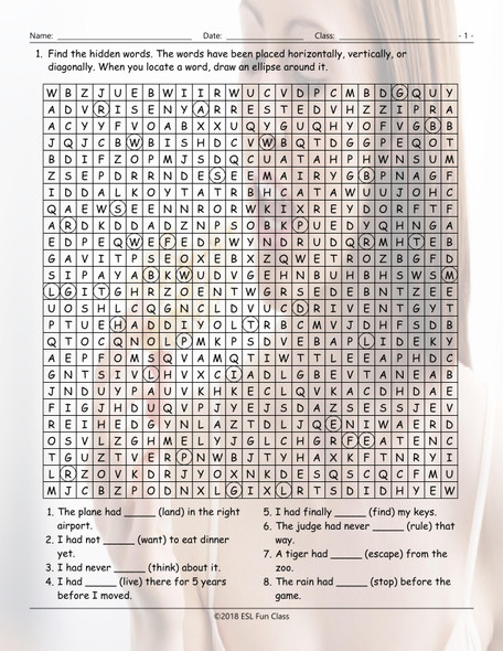 Past Perfect Tense Word Search Worksheet