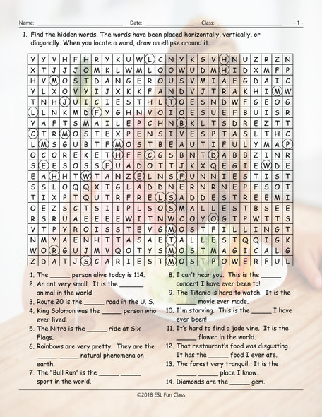 Superlative Adjectives Word Search Worksheet