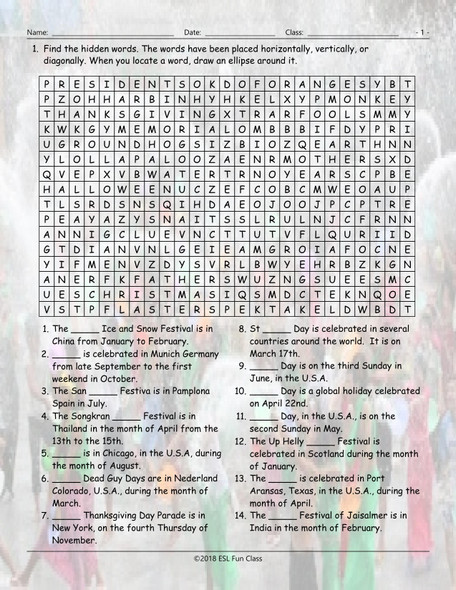 Holidays-Festivals Around the World Word  Wordsearch Worksheet