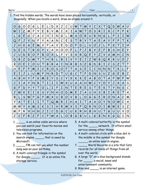 Internet Sites-Terms Word Search Worksheet