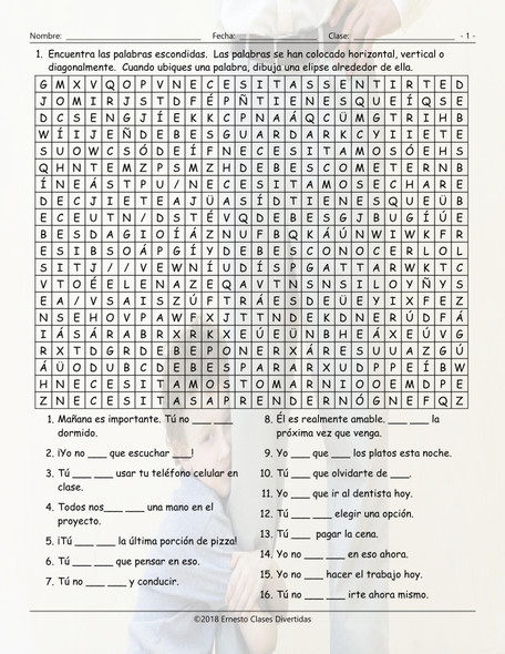 Modals of Obligation, Necessity, and Prohibition Spanish Word Search Worksheet
