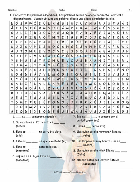 Possessive Adjectives Spanish Word Search Worksheet