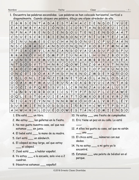 Present Continuous Tense Spanish Word Search Worksheet