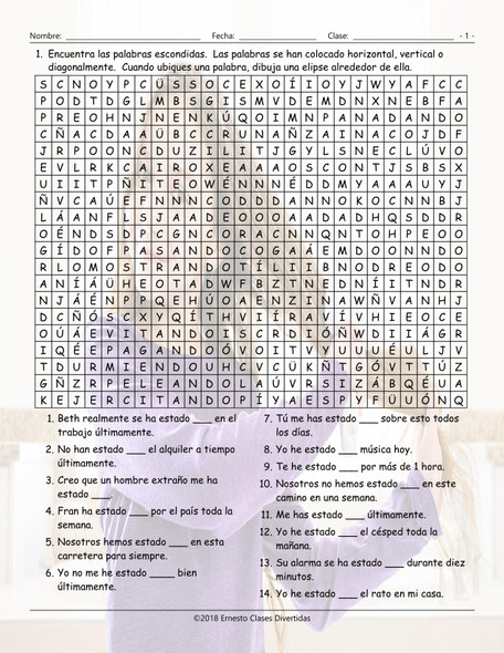 Present Perfect Continuous Tense Spanish Wordsearch Worksheet