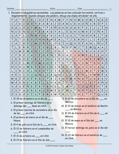 American versus Mexican Holidays Spanish Word Search Worksheet