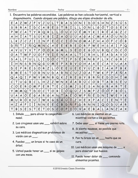Doctor's, Illnesses, and Injuries Spanish Word Search Worksheet