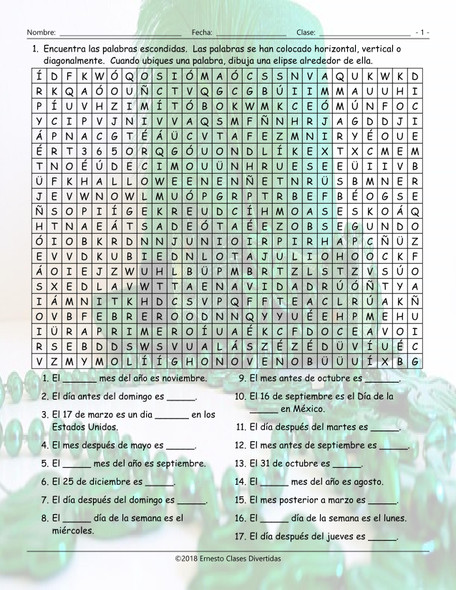 Weekdays, Months and Dates Spanish Word Search Worksheet