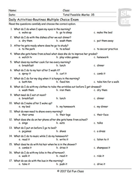 Routines-Daily Activities Multiple Choice Exam