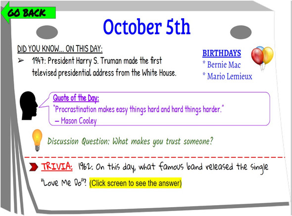 Daily Warm-Up, Closers for Class: Facts- Did You Know?-- October