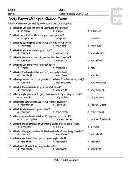 Body Parts Multiple Choice Exam AK & AS