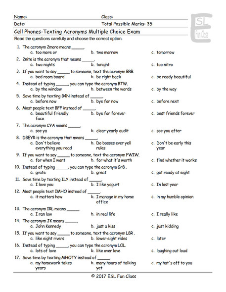 Cell Phones-Texting Acronyms Multiple Choice Exam