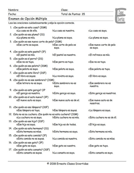 Possessive Pronouns Spanish Multiple Choice Exam