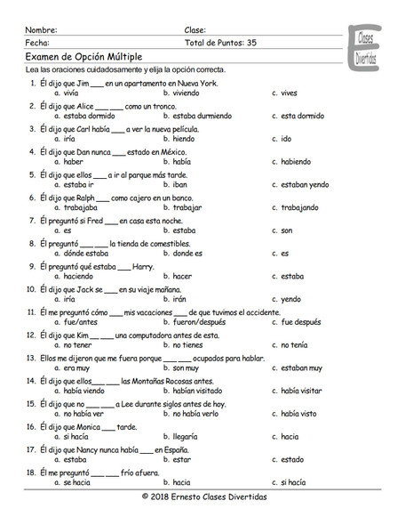 Reported Speech Spanish Multiple Choice Exam