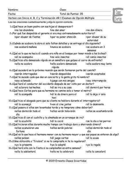 Verbs Start A, B, C End AR 1 Spanish Multiple Choice Exam