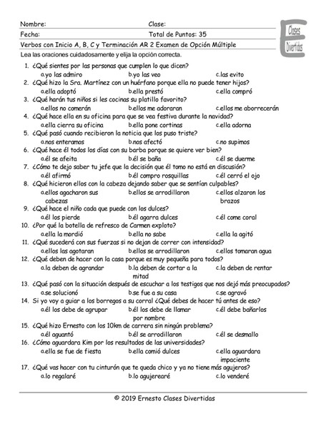 Verbs Start A, B, C End AR 2 Spanish Multiple Choice Exam