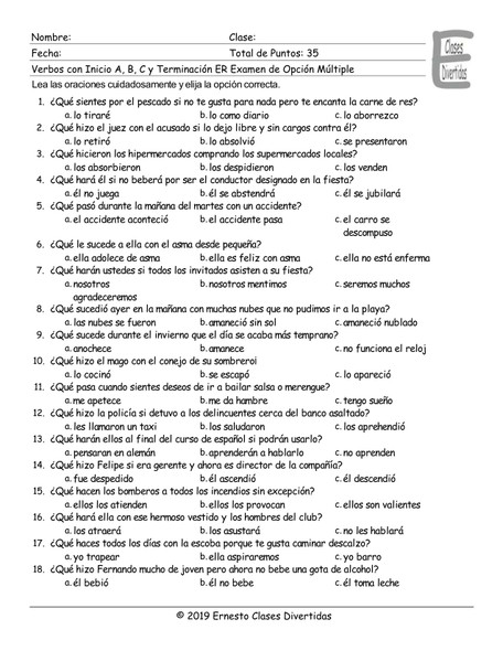 Verbs Start A, B, C End ER Spanish Multiple Choice Exam