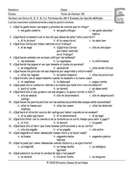 Verbs Start D, E, F, G, I End AR 2 Spanish Multiple Choice Exam