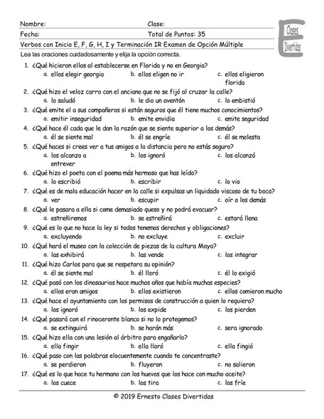 Verbs Start E, F, G, H, I End IR Spanish Multiple Choice Exam