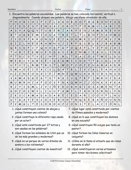 Collective Nouns Spanish Word Search Worksheet