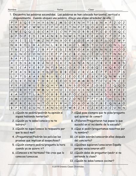 Conocer, Saber Pedir, and Preguntar Spanish Word Search Worksheet