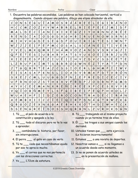 Present , Past, and Future Simple 1 Spanish Word Search Worksheet